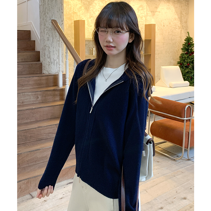 Navy-blue Casual loose double zip cardigan