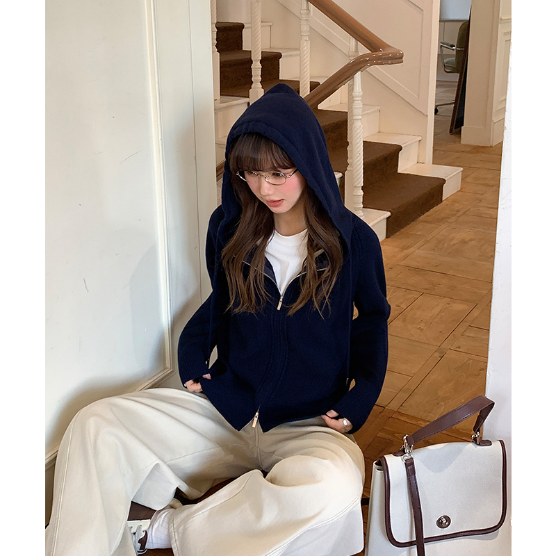 Navy-blue Casual loose double zip cardigan