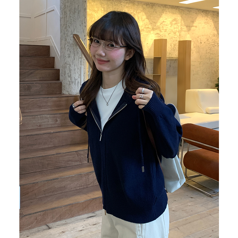 Navy-blue Casual loose double zip cardigan