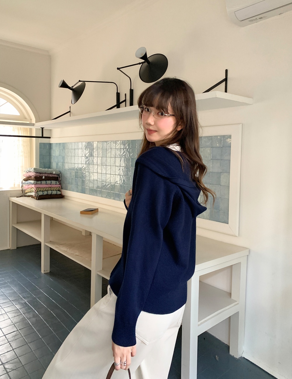 Navy-blue Casual loose double zip cardigan