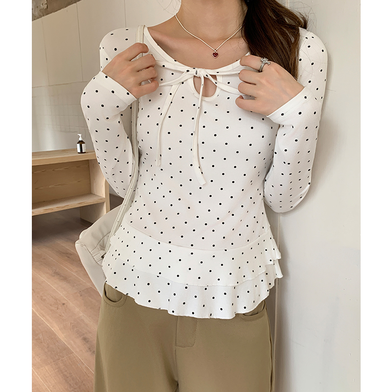 Lace bow polka dot bottoming shirt slim white T-shirt