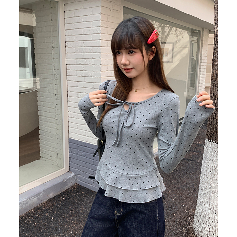 Lace bow polka dot bottoming shirt slim white T-shirt