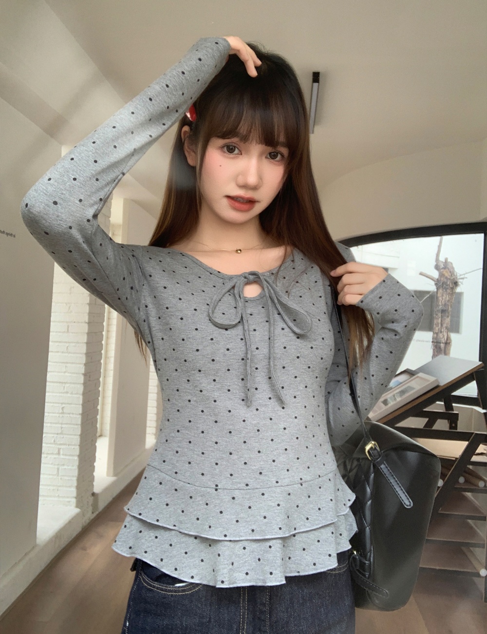 Lace bow polka dot bottoming shirt slim white T-shirt