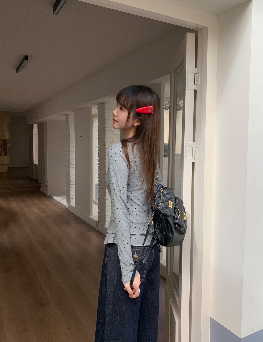 Lace bow polka dot bottoming shirt slim white T-shirt