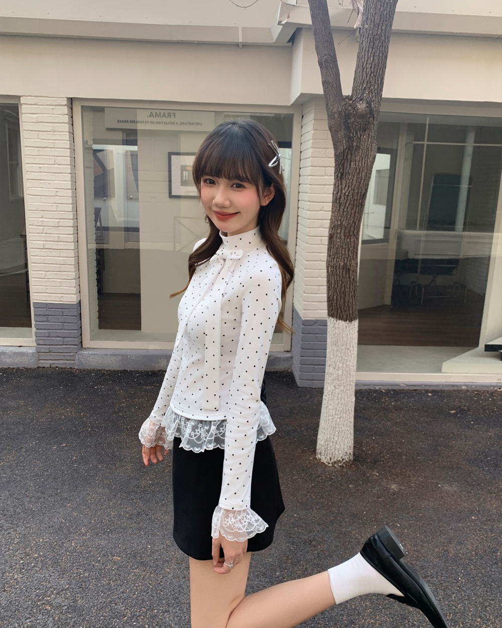 Polka dot tops lace bottoming shirt for women