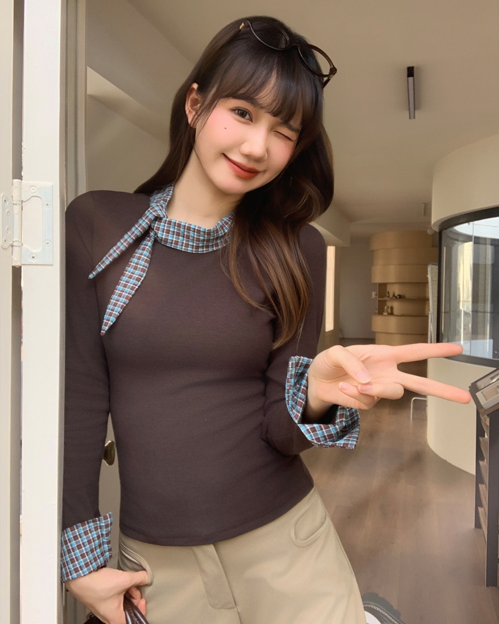 Plaid long sleeve T-shirt niche bottoming shirt