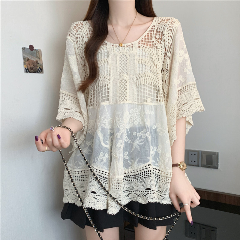 Embroidery large yard fat sister crochet hollow loose tops