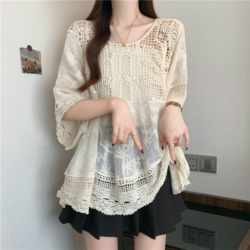 Embroidery large yard fat sister crochet hollow loose tops