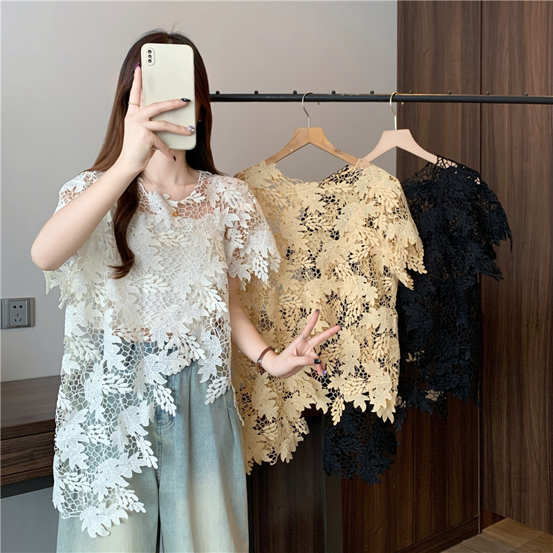 Fat unique summer smock irregular hollow short sleeve tops