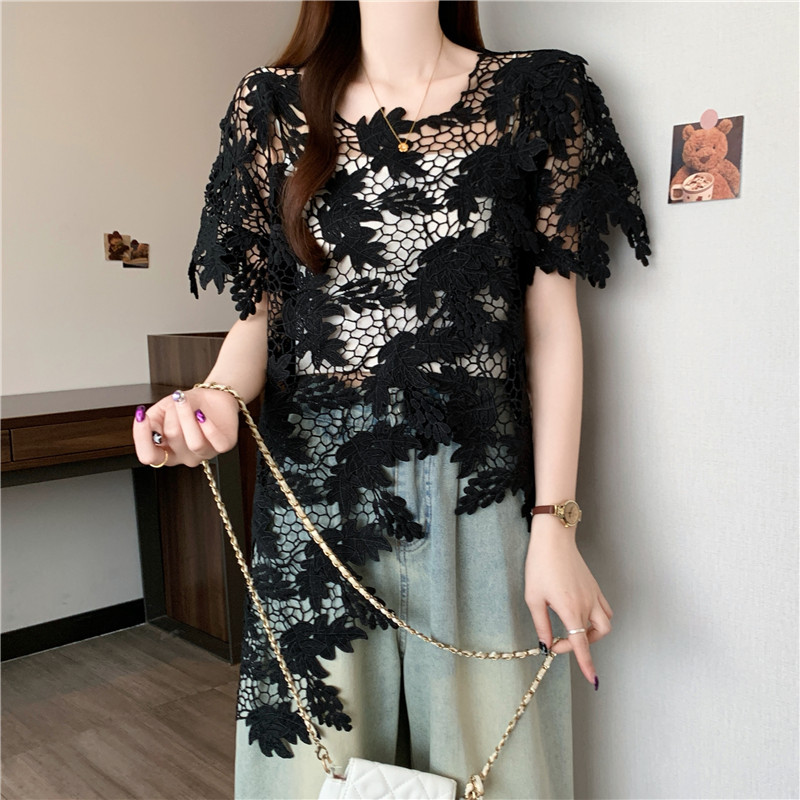 Fat unique summer smock irregular hollow short sleeve tops