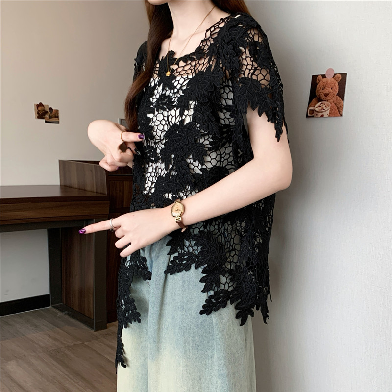 Fat unique summer smock irregular hollow short sleeve tops