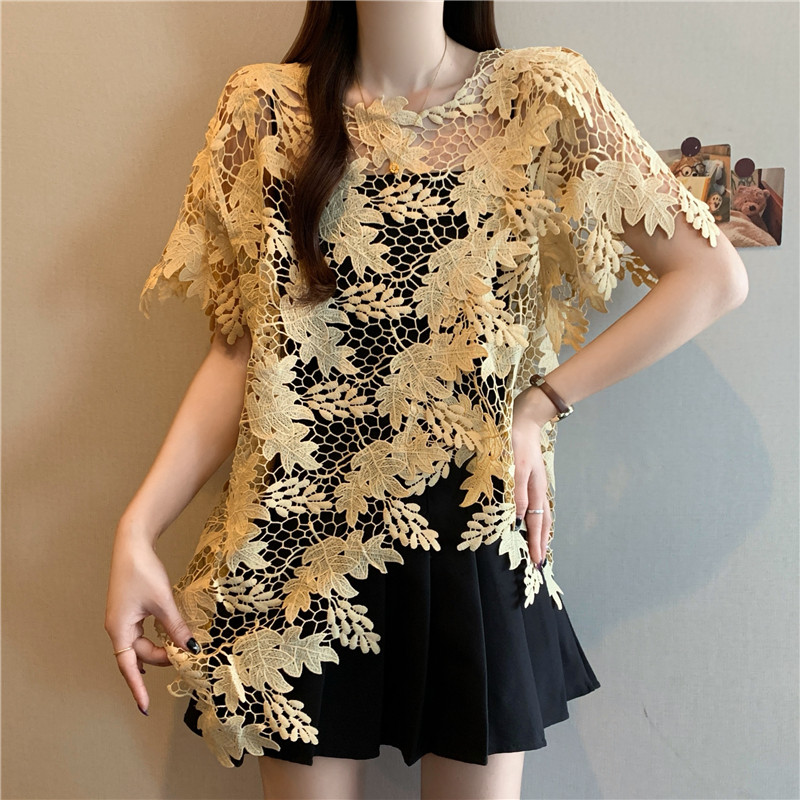 Fat unique summer smock irregular hollow short sleeve tops