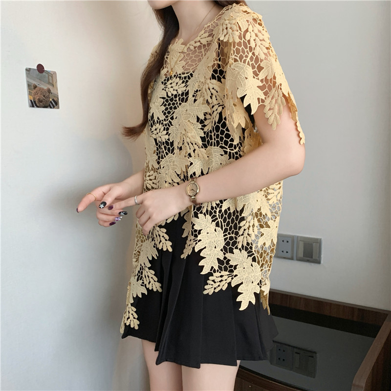 Fat unique summer smock irregular hollow short sleeve tops