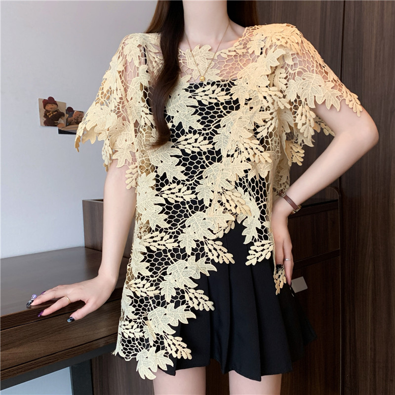 Fat unique summer smock irregular hollow short sleeve tops