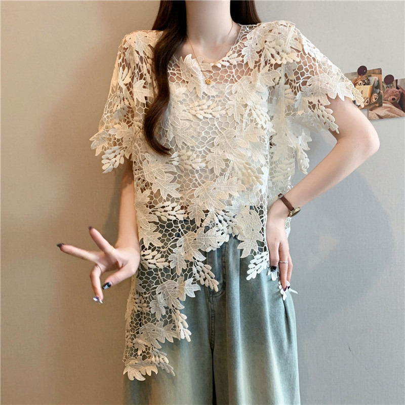 Fat unique summer smock irregular hollow short sleeve tops