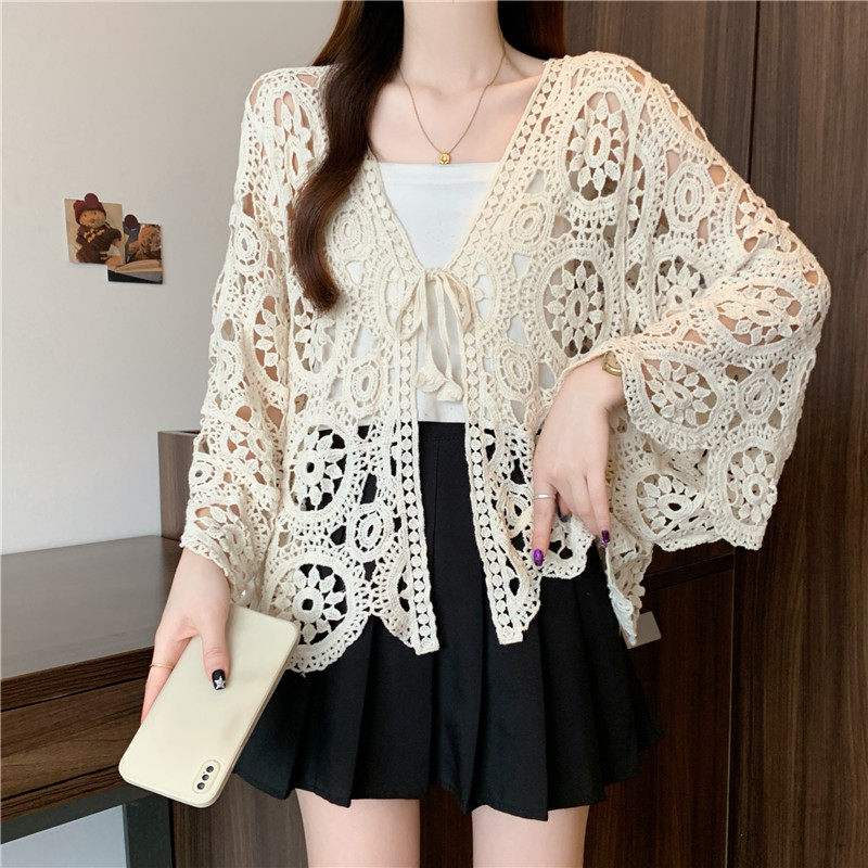 Crochet knitted hollow shawl all-match France style tops