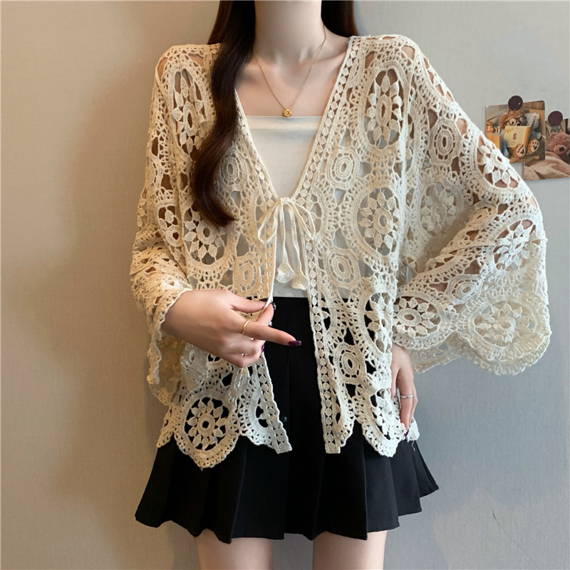 Crochet knitted hollow shawl all-match France style tops