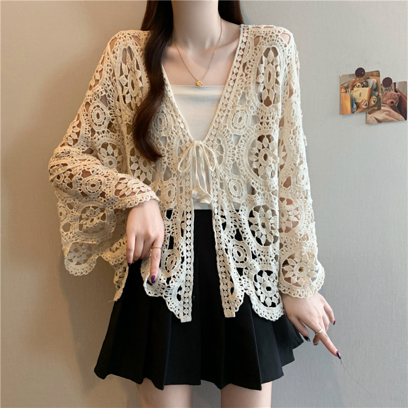 Crochet knitted hollow shawl all-match France style tops