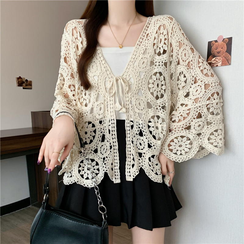 Crochet knitted hollow shawl all-match France style tops