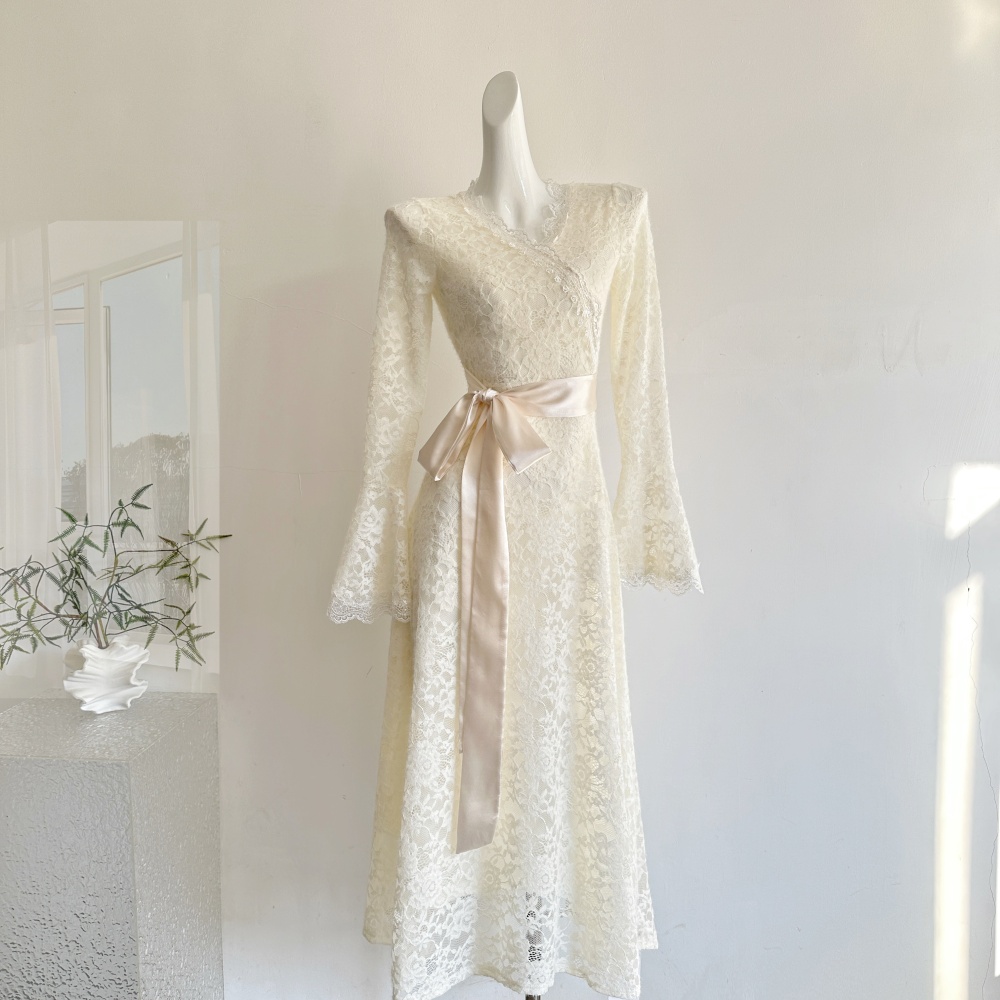 Lace France style long sleeve slim enticement dress