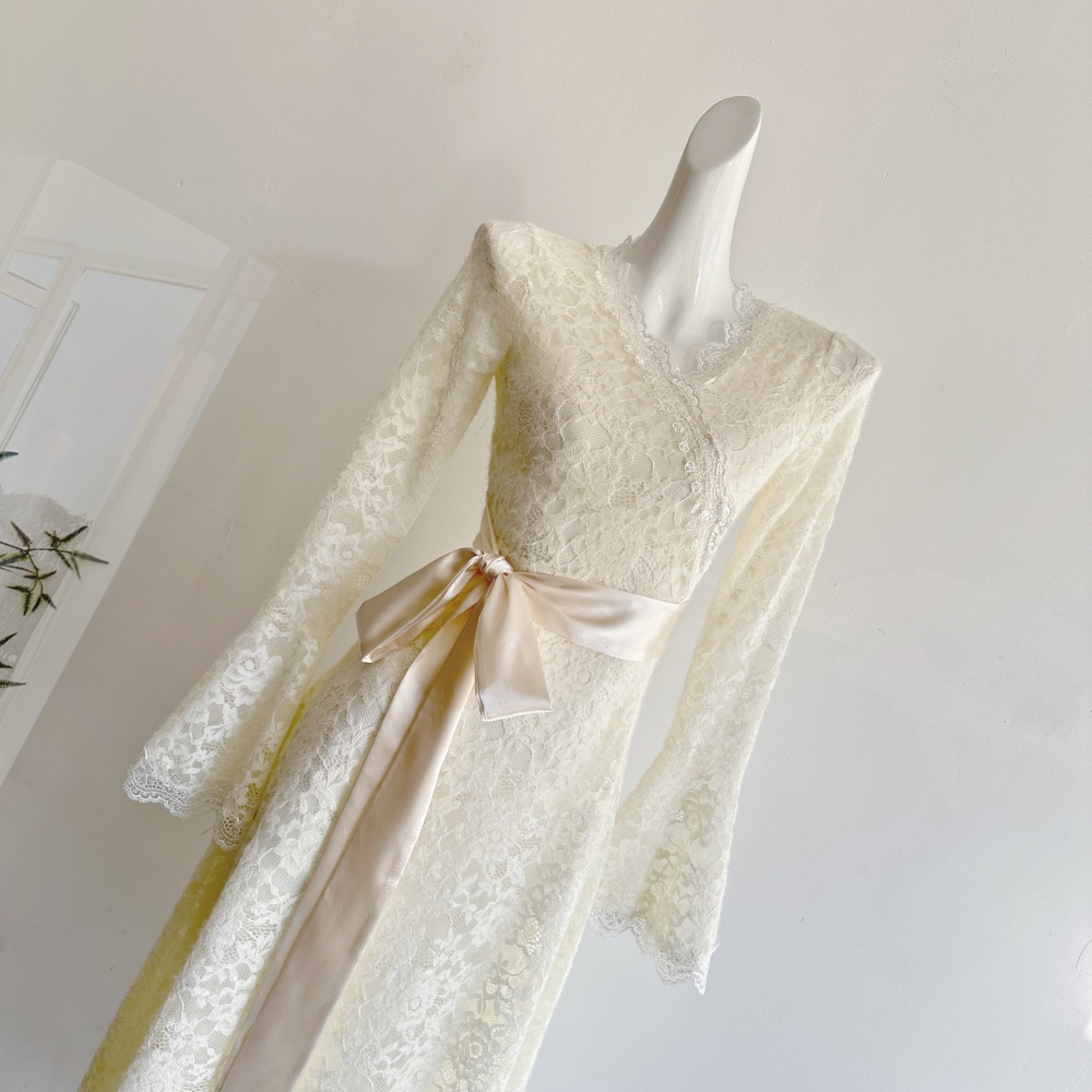 Lace France style long sleeve slim enticement dress