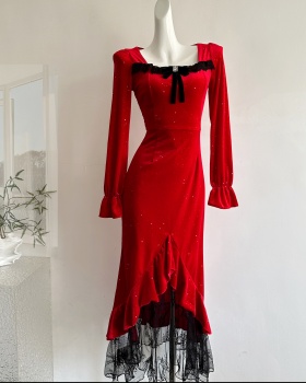 Square collar diamond mermaid flash chip velvet dress