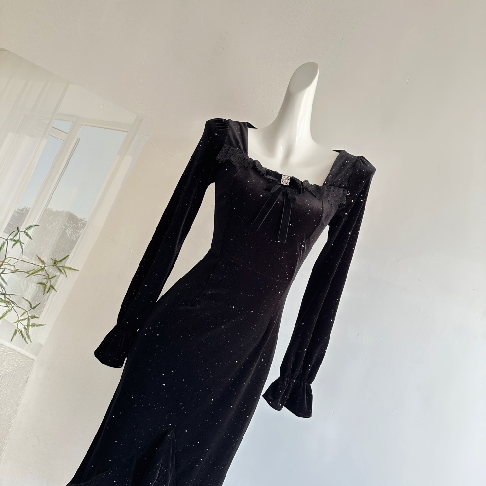 Square collar diamond mermaid flash chip velvet dress