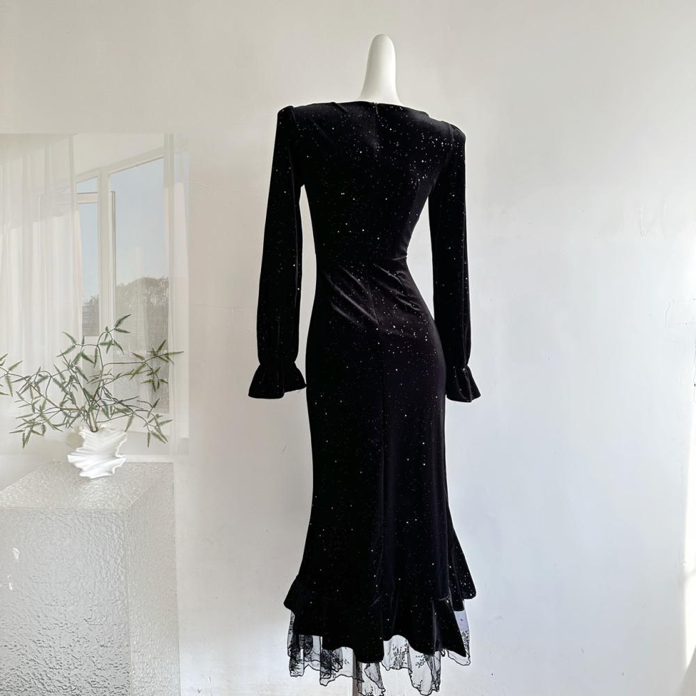 Square collar diamond mermaid flash chip velvet dress