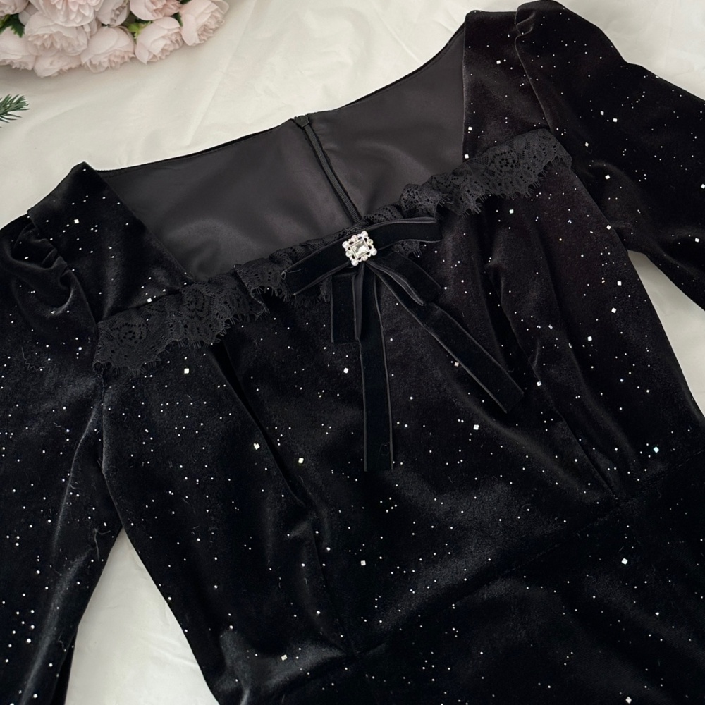 Square collar diamond mermaid flash chip velvet dress