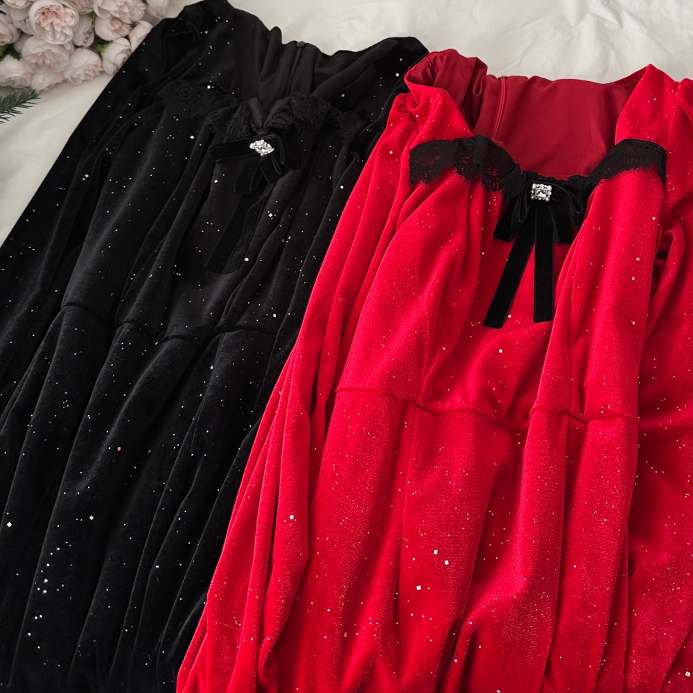 Square collar diamond mermaid flash chip velvet dress