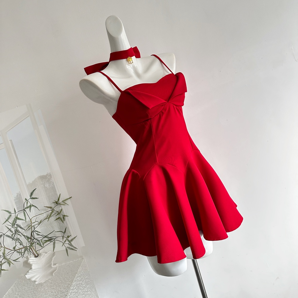 France style choke red sleeveless dress for women