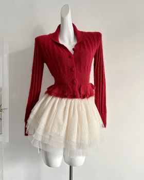 Lapel wood ear tops knitted wool short skirt a set