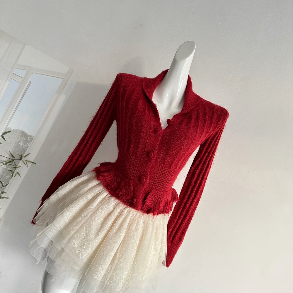 Lapel wood ear tops knitted wool short skirt a set