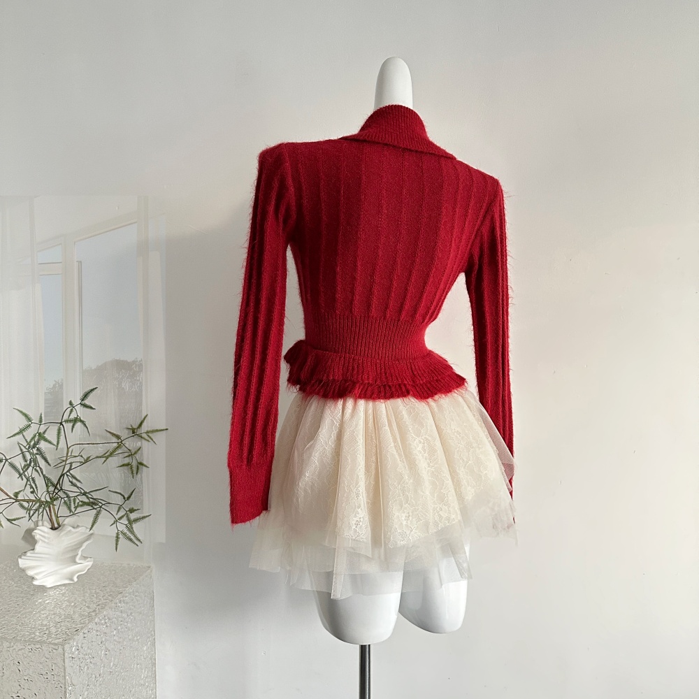 Lapel wood ear tops knitted wool short skirt a set