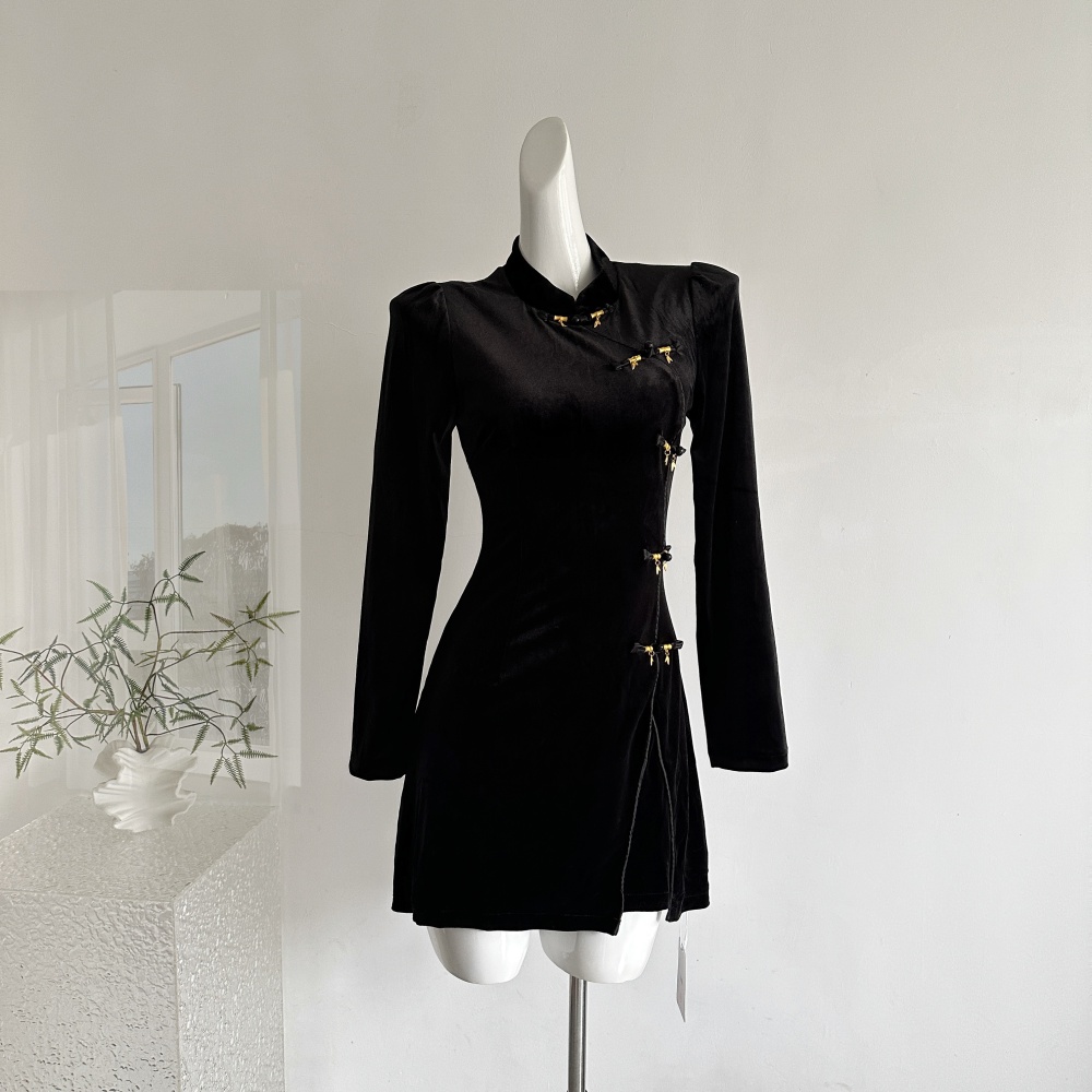 Velvet cstand collar Chinese style dress