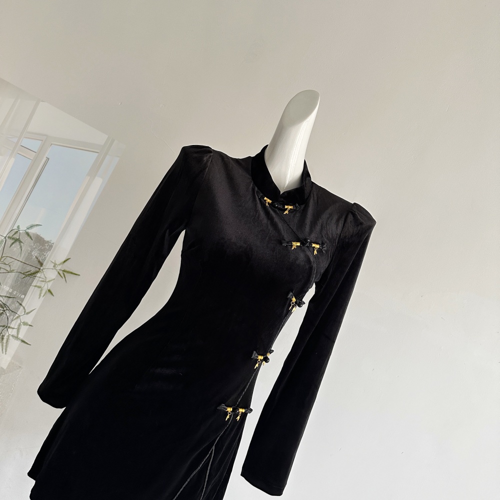 Velvet cstand collar Chinese style dress