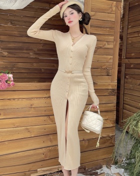 Single-breasted knitted long dress American style V-neck dress