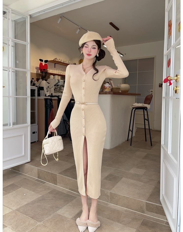 Single-breasted knitted long dress American style V-neck dress