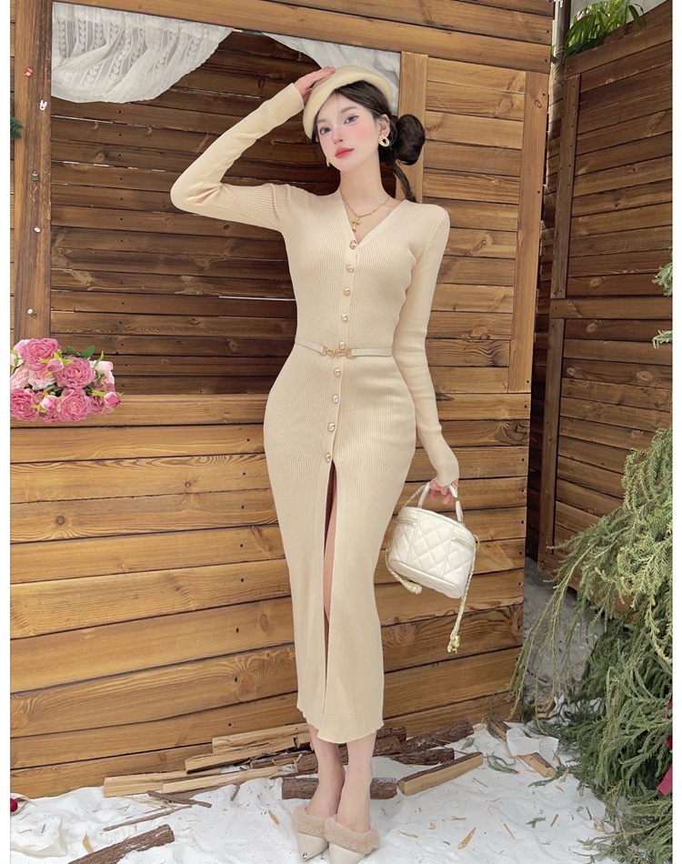 Single-breasted knitted long dress American style V-neck dress