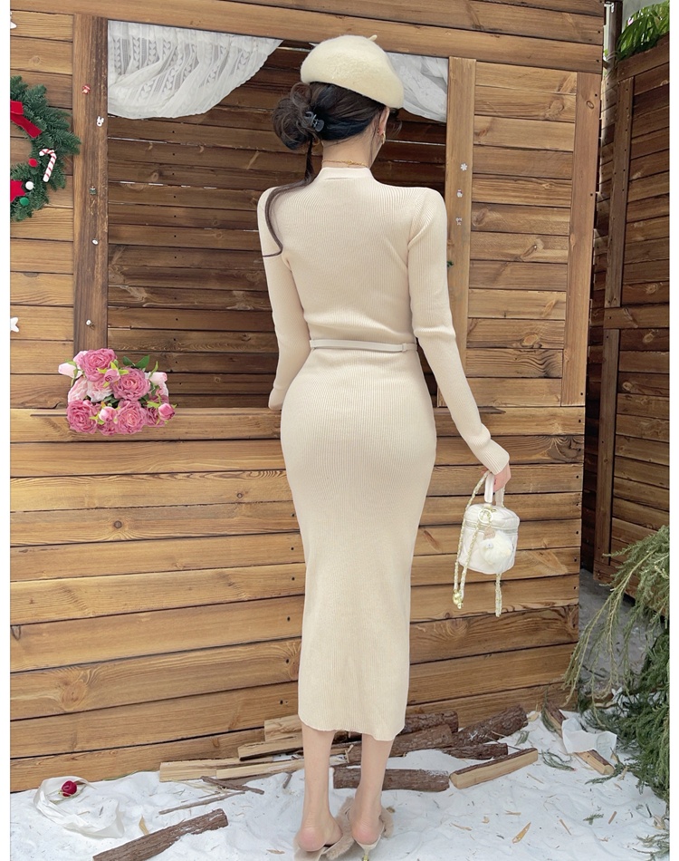 Single-breasted knitted long dress American style V-neck dress