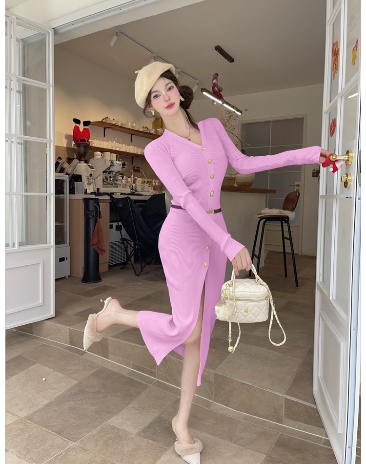Single-breasted knitted long dress American style V-neck dress