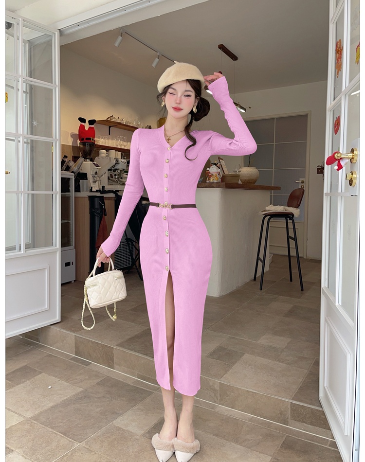 Single-breasted knitted long dress American style V-neck dress