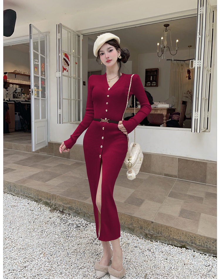 Single-breasted knitted long dress American style V-neck dress