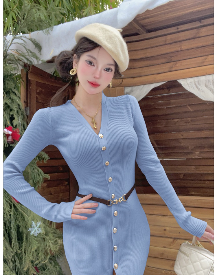 Single-breasted knitted long dress American style V-neck dress