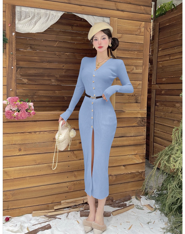 Single-breasted knitted long dress American style V-neck dress