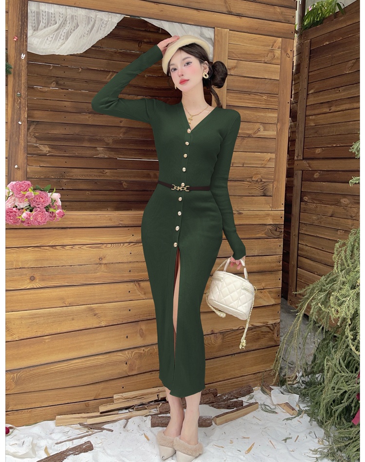 Single-breasted knitted long dress American style V-neck dress