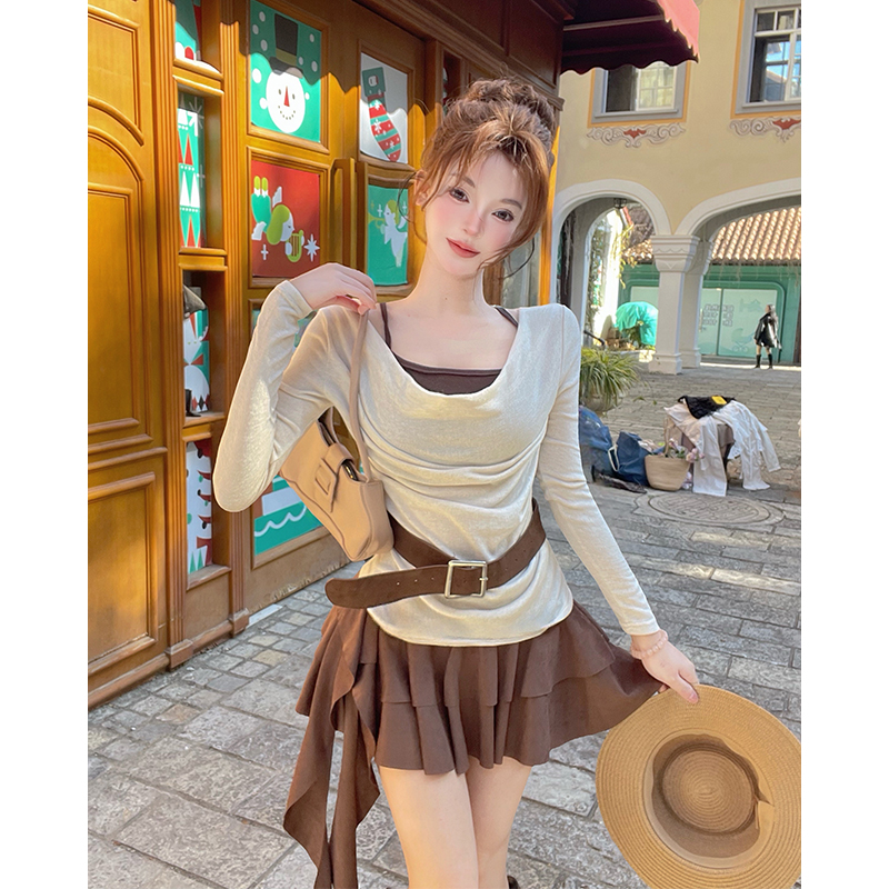 Retro Pseudo-two tops spicegirl spring skirt 2pcs set