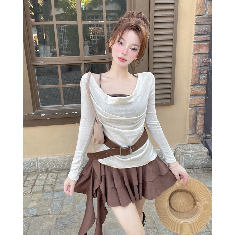 Retro Pseudo-two tops spicegirl spring skirt 2pcs set