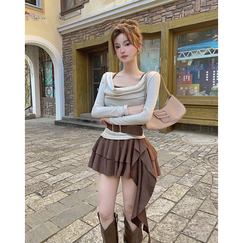 Retro Pseudo-two tops spicegirl spring skirt 2pcs set