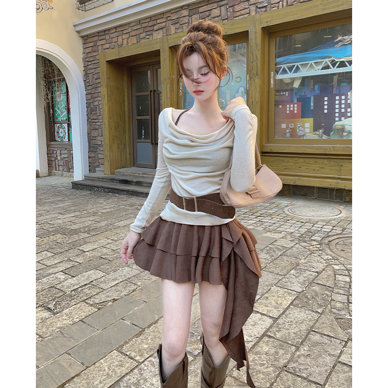 Retro Pseudo-two tops spicegirl spring skirt 2pcs set